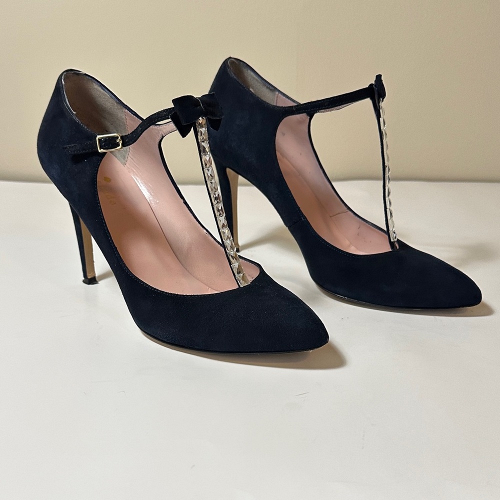 Kate Spade Navy T-Strap Heels with Bow